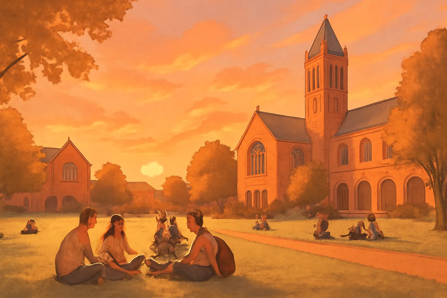 강원대 전북대 캠퍼스 일몰 대학생활 감성 일러스트 따뜻한색감 여유로운