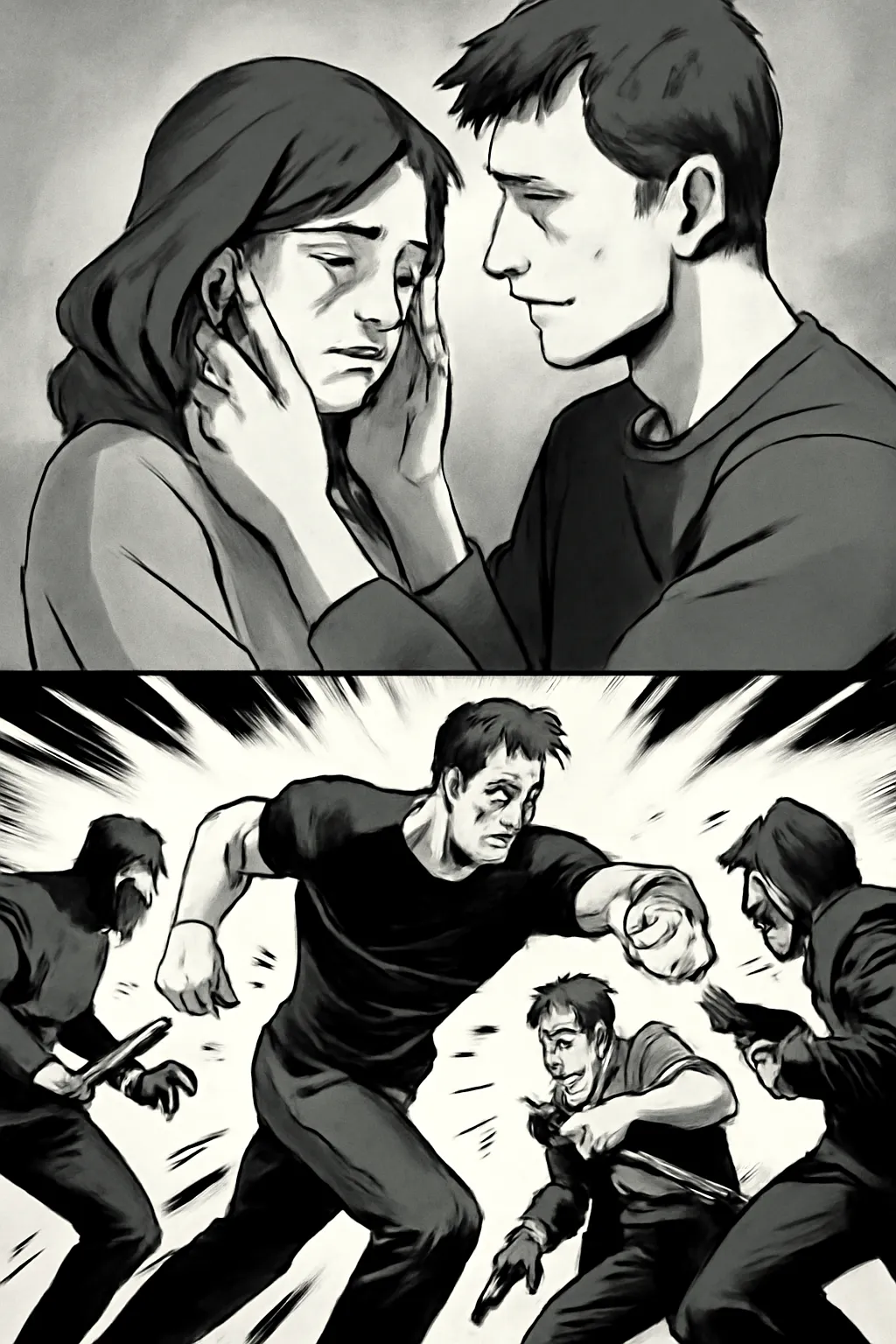 게임 흑백연출 분할화면 감정스토리 액션장면 대비