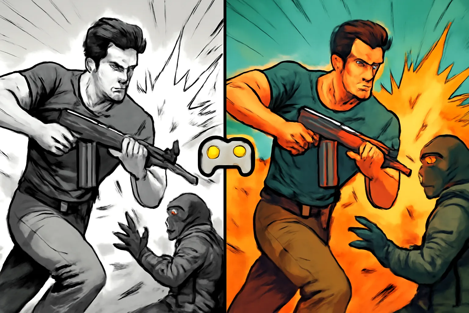 게임 흑백 컬러 분할 화면 액션 연출 컨트롤러