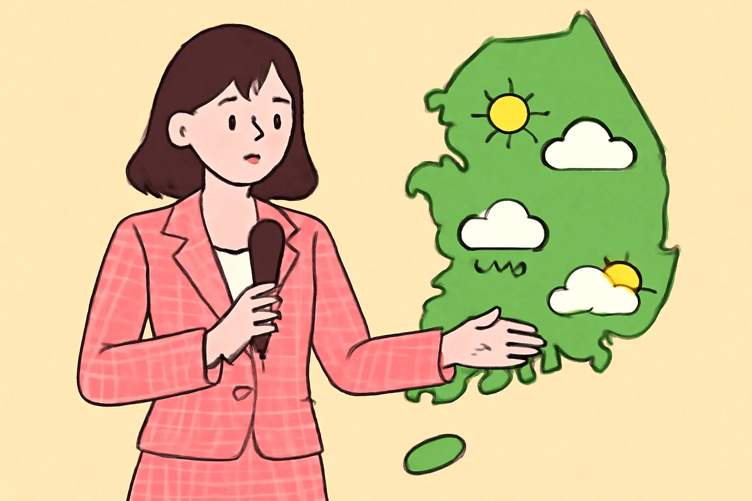 기상캐스터 날씨설명 핑크체크수트 마이크 한국지도 날씨아이콘 일러스트