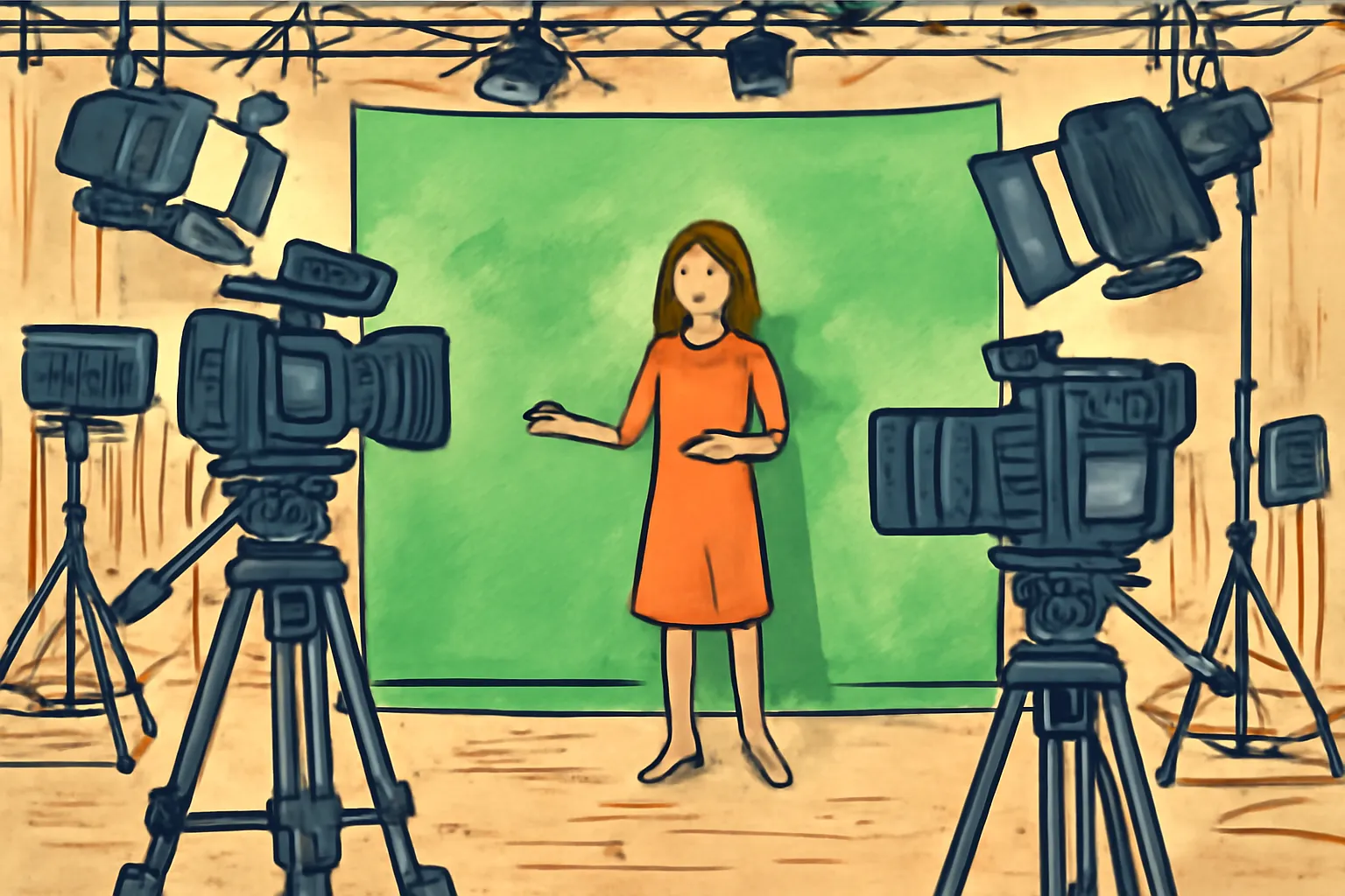 기상캐스터 스튜디오 크로마키 일러스트 날씨예보 방송국