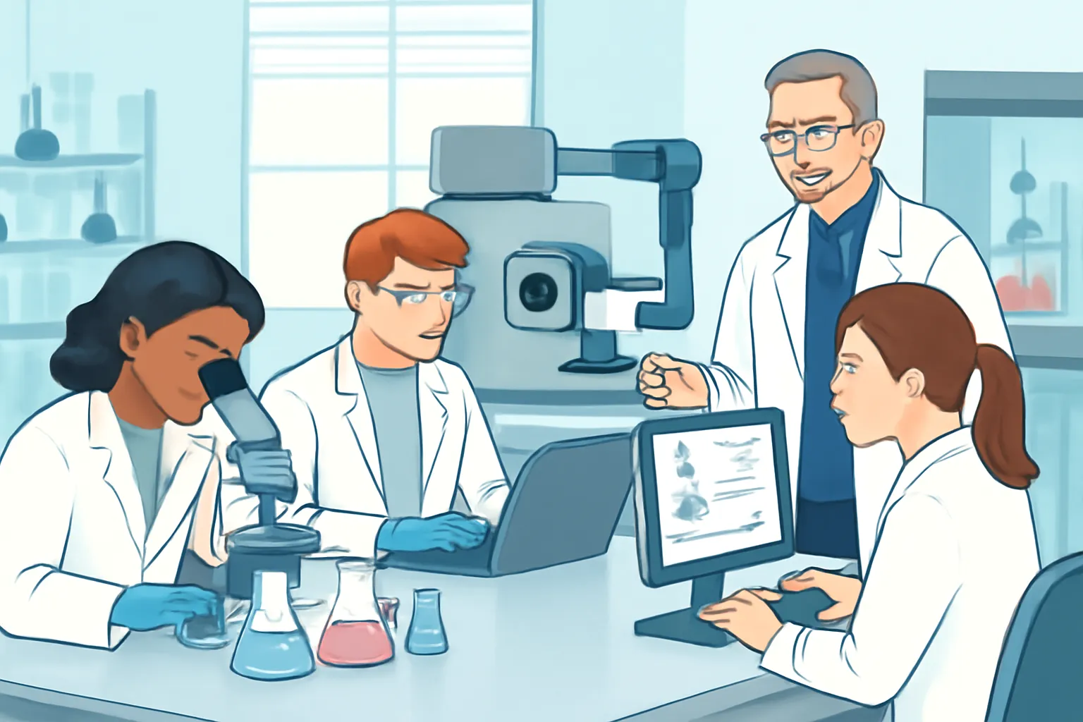 대학 실험실 첨단 장비 화학 공학 컴퓨터 분석 학생 연구 교수 지도