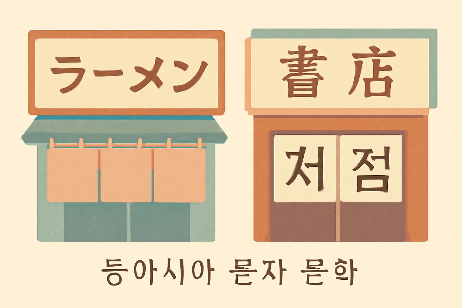 동아시아 문자문화 일본 한국 간판 비교 일러스트 파스텔톤