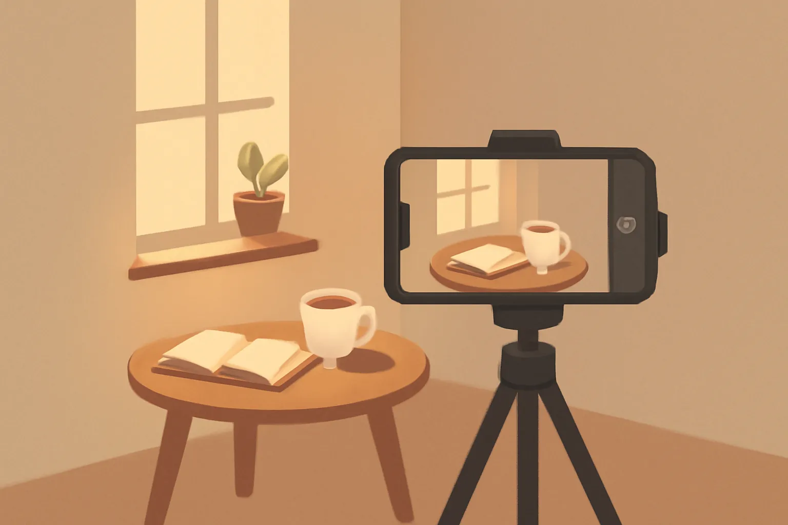 미니멀 홈 브이로그 촬영 스마트폰 삼각대 커피 테이블 일러스트