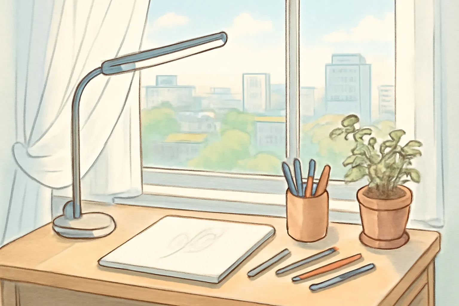 밝은 창가 작업공간 스케치북 필기구 일러스트 도시풍경