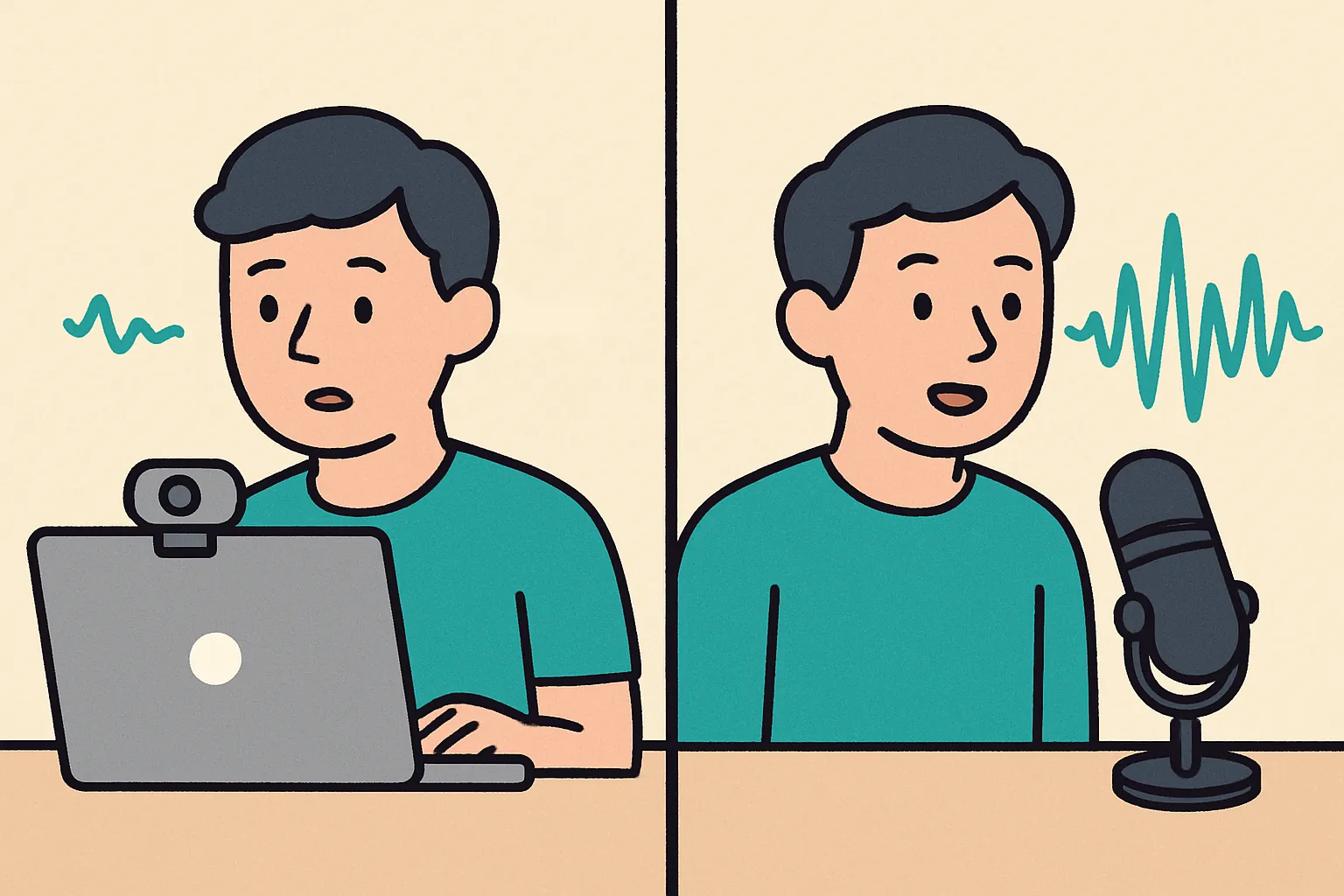 방송용 홈스튜디오 웹캠 내장 마이크 전용 마이크 비교 소리파형 일러스트