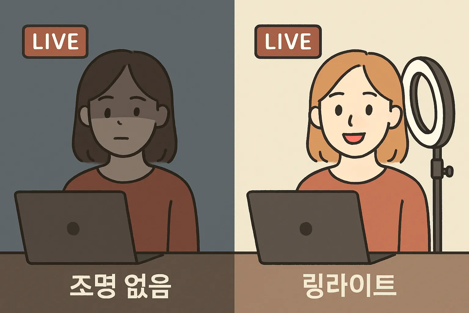 방송 조명 효과 비교 자연광 링라이트 홈스튜디오