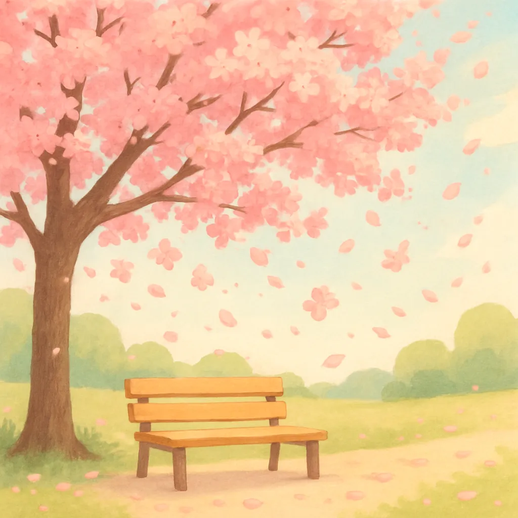 벚꽃나무 분홍꽃잎 흩날리는 봄풍경 2d일러스트 파스텔톤 벤치