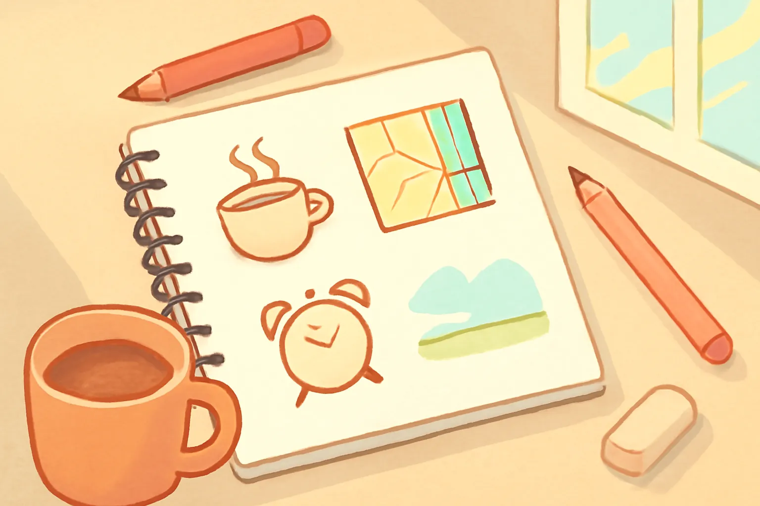 베이지색 책상 스케치북 필기구 아침 루틴 커피 잔 아침 햇살 파스텔 톤 일러스트