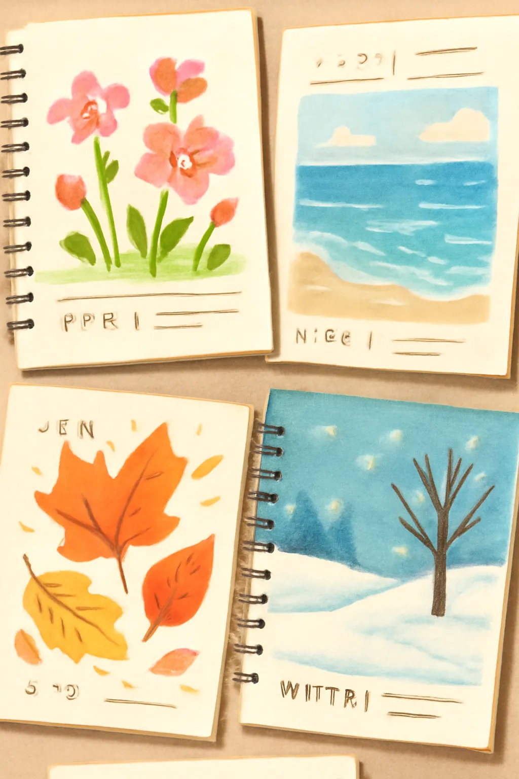 봄 여름 가을 겨울 계절별 스케치북 일러스트 콜라주 드로잉