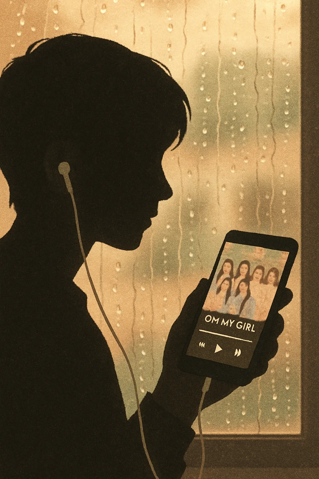 비오는날 창문앞 실루엣 스마트폰 오마이걸 음악듣기