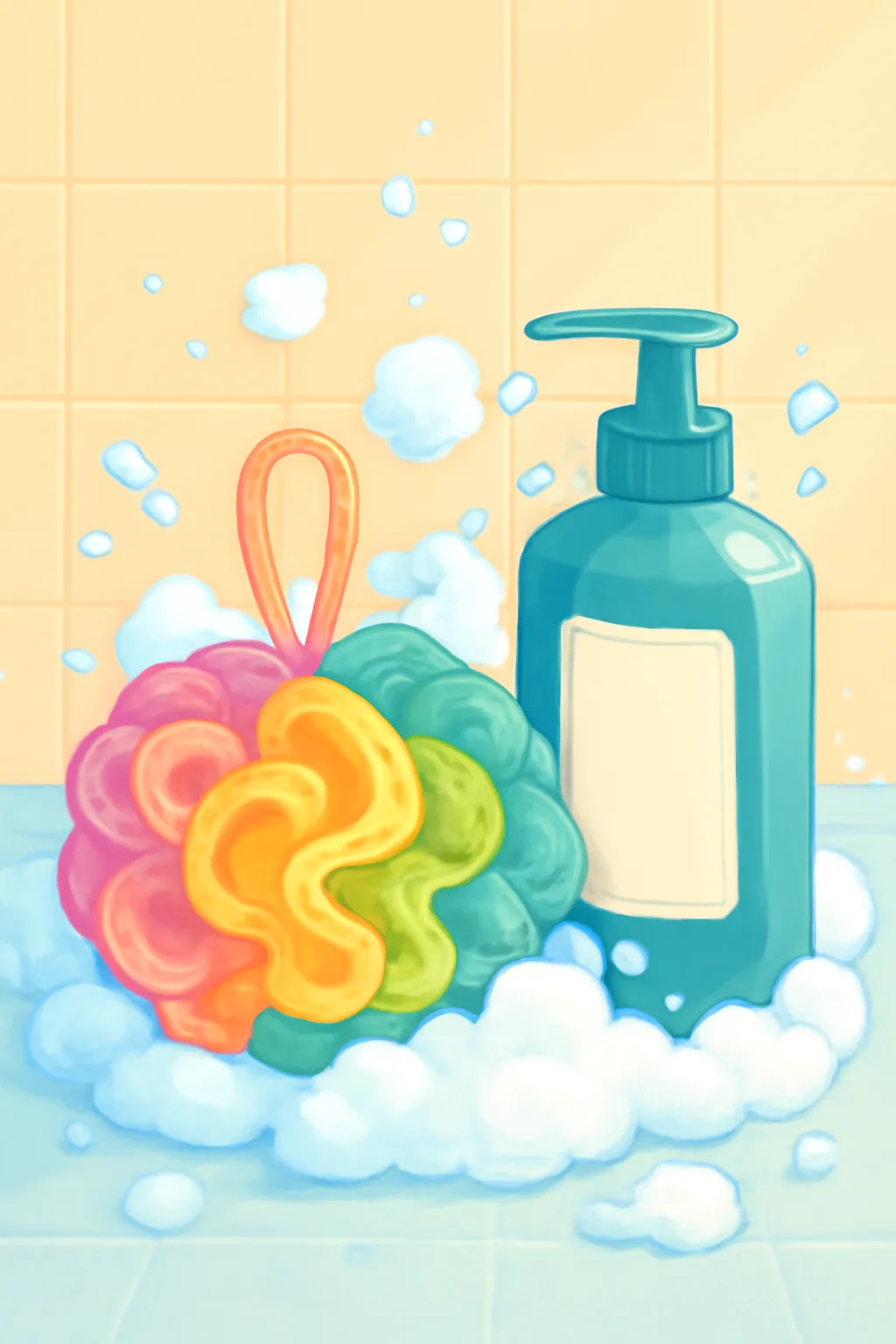 샤워볼 바디워시 일러스트 풍성한거품 물방울 파스텔욕실