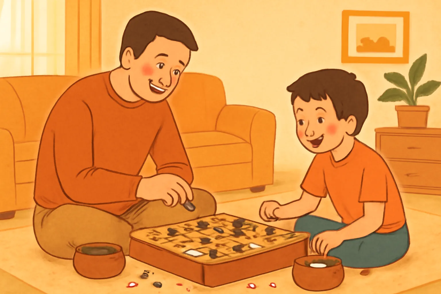 아버지 아들 거실바둑 바둑판 따뜻한색감