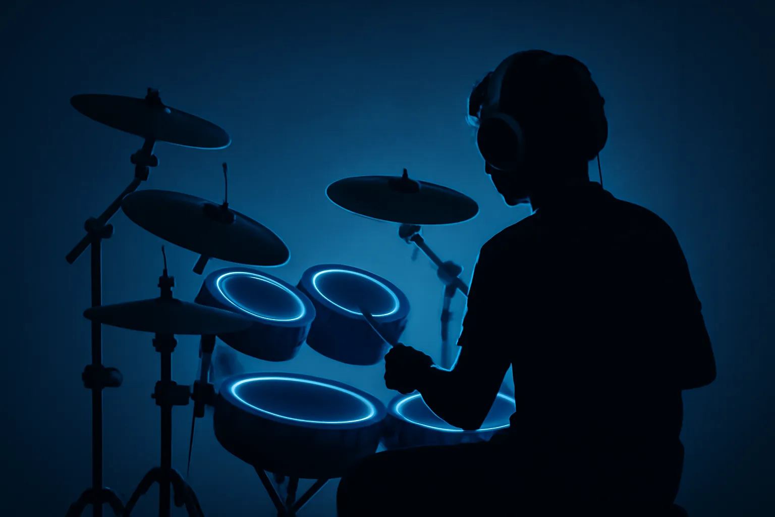 어두운방 전자드럼 실루엣 헤드폰 연주 푸른엘이디조명