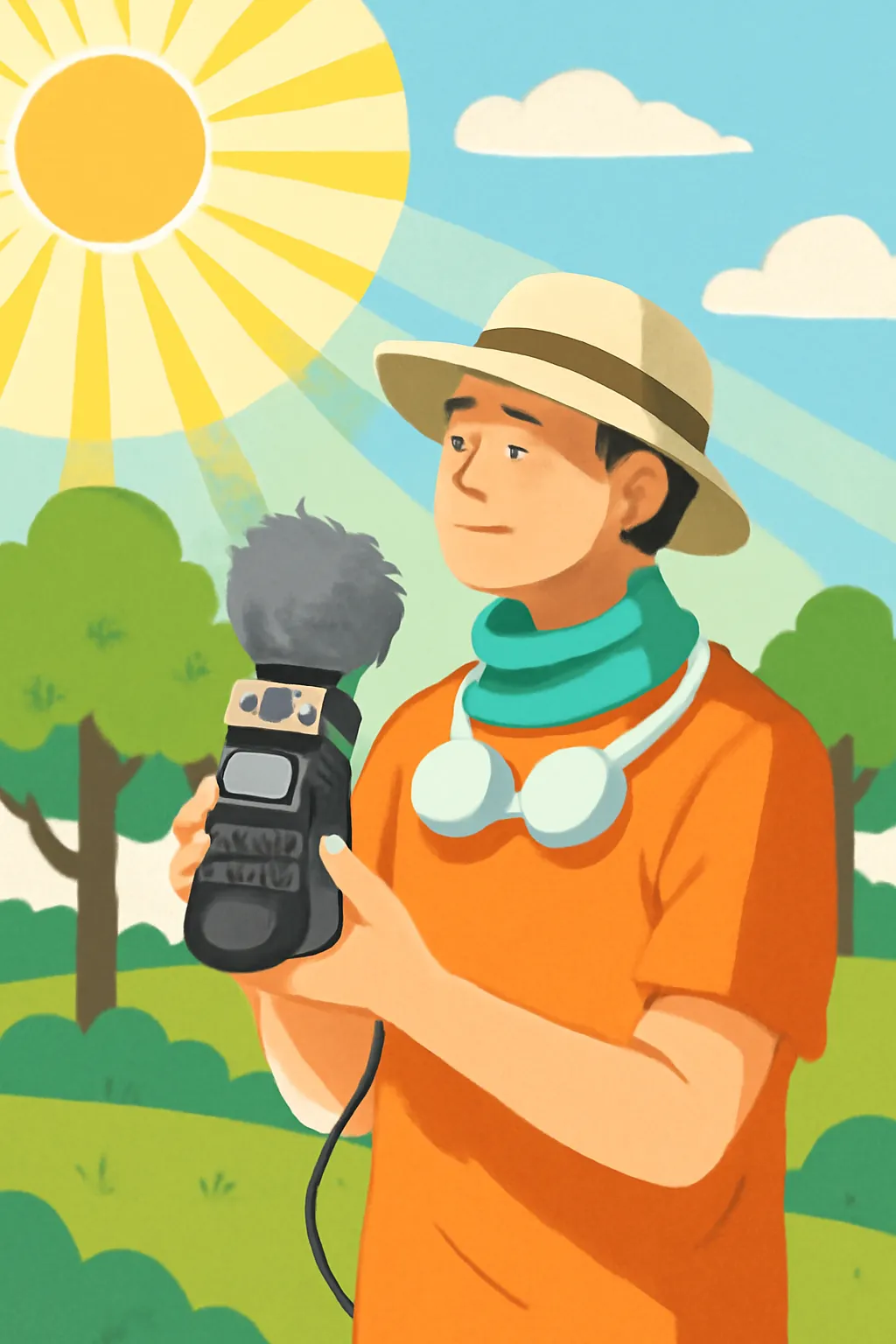 여름야외 일러스트 zoom h5 핸디레코더 녹음현장 햇빛