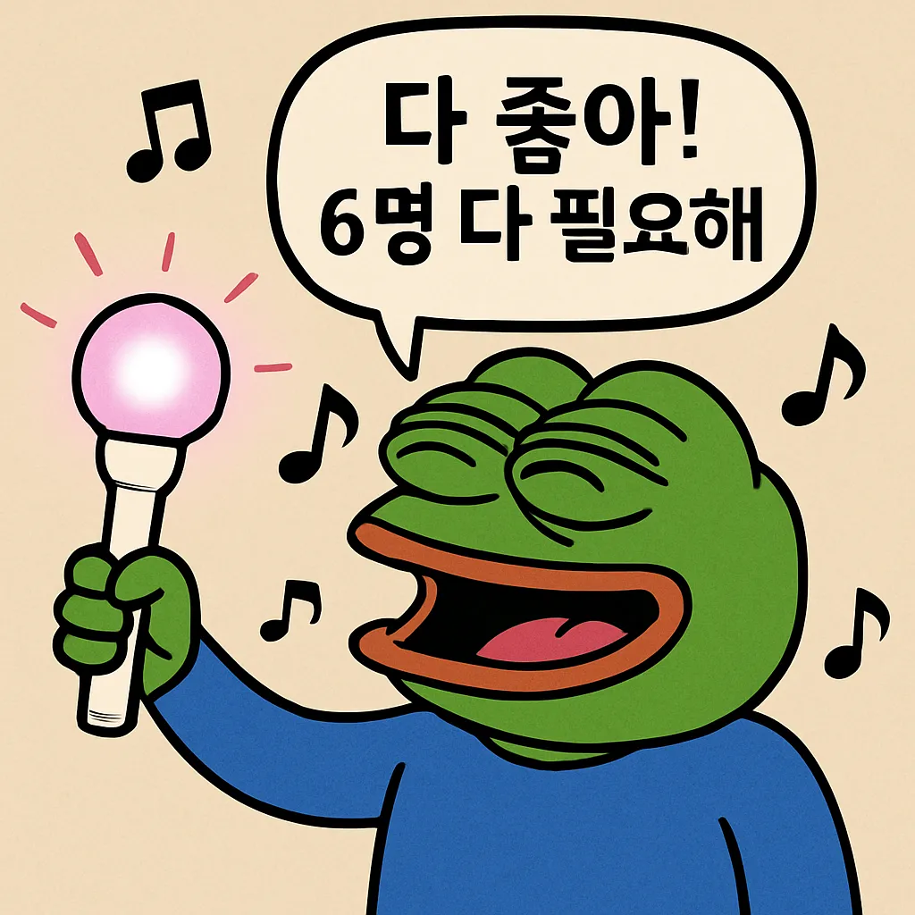 오마이걸 보컬 페페개구리 응원봉 유머러스 일러스트