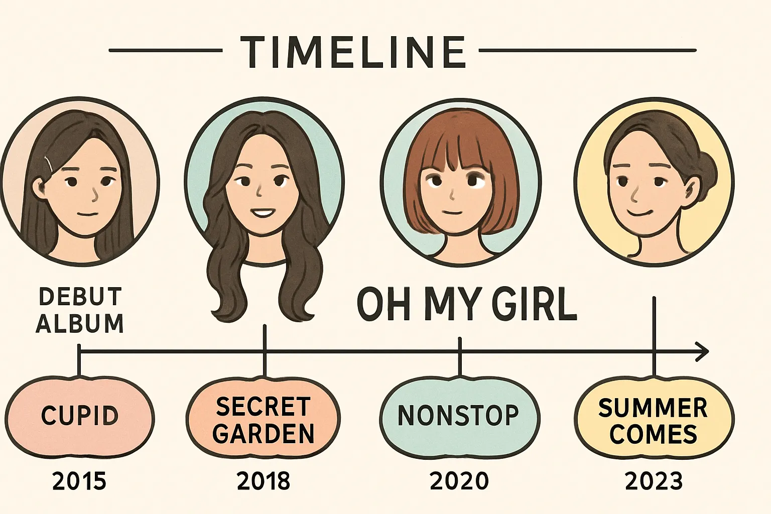 오마이걸 타임라인 인포그래픽 대표곡 변화