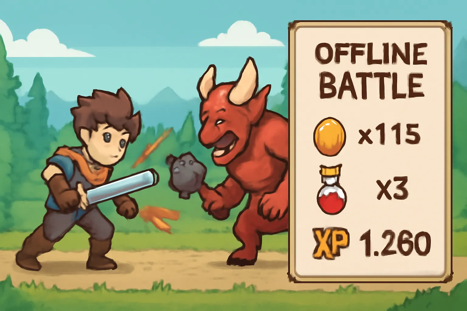 오프라인 전투 자동전투 획득아이템 경험치 시각화 2d 게임 일러스트