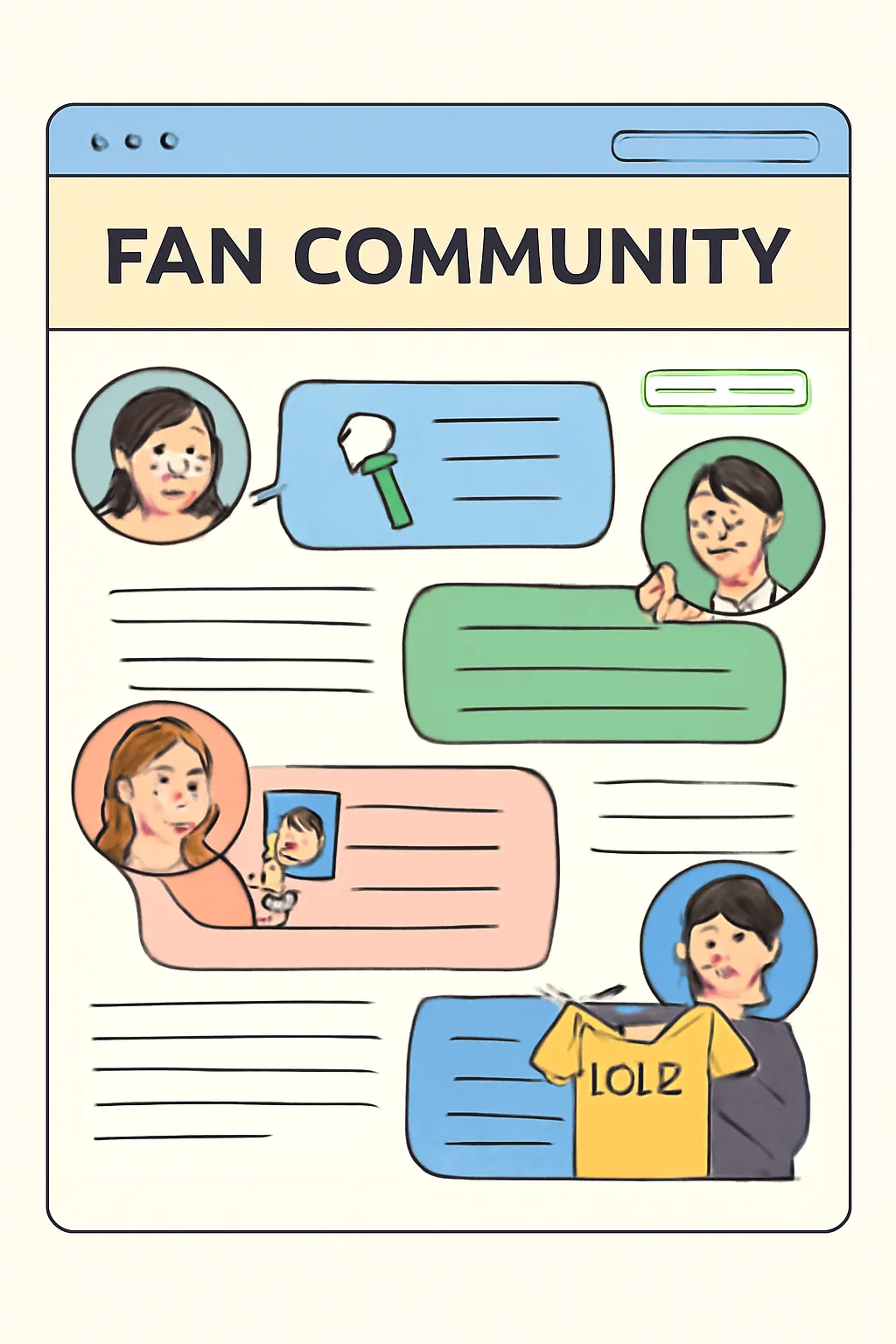 온라인 팬커뮤니티 화면 아이돌 라이트스틱 굿즈 대화