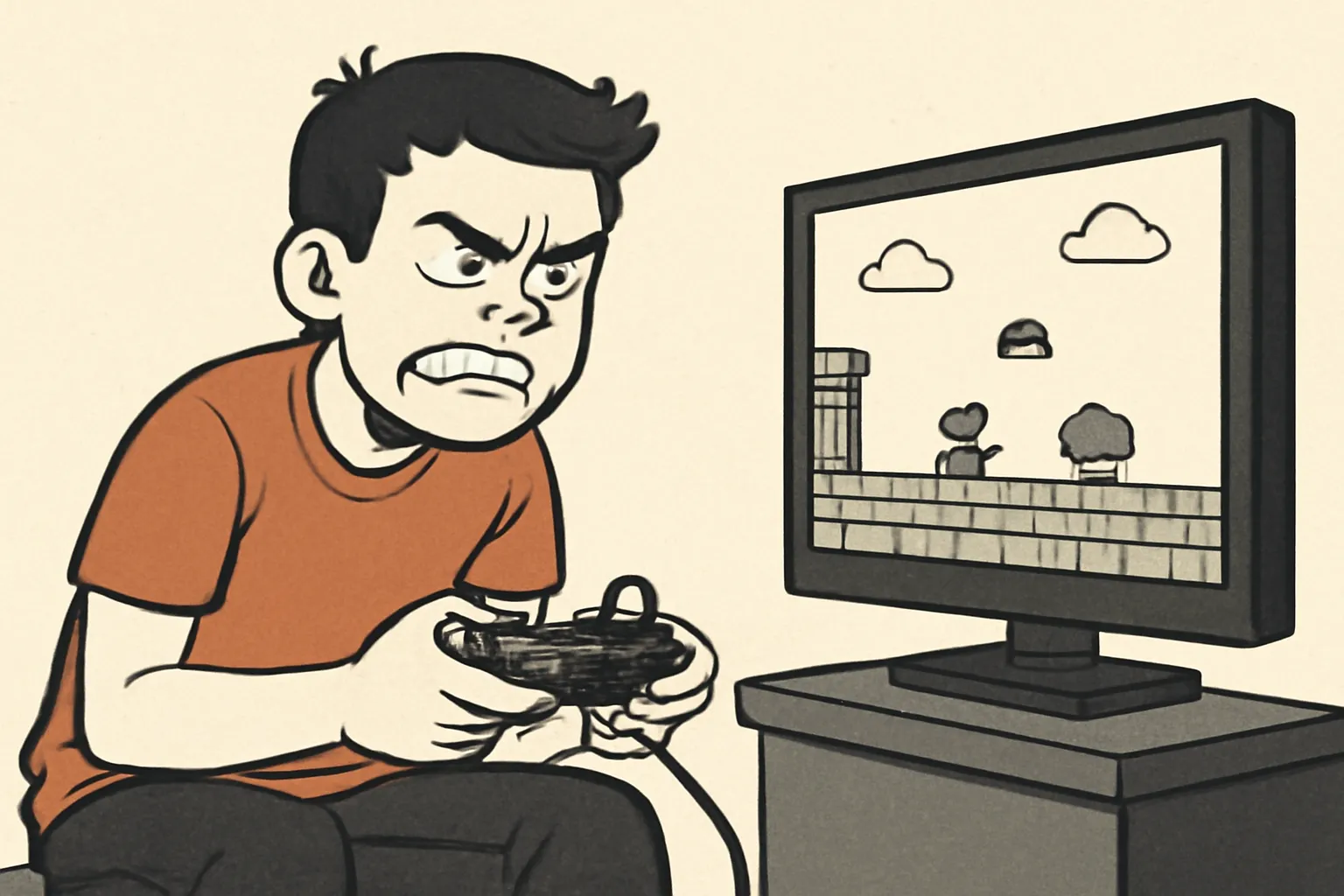 일러스트 화난표정 게이머 컨트롤러 흑백게임화면 실망감