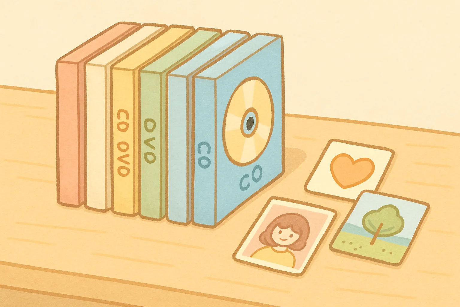 책상위 cd dvd 포토카드 컬렉션 2d일러스트 파스텔톤