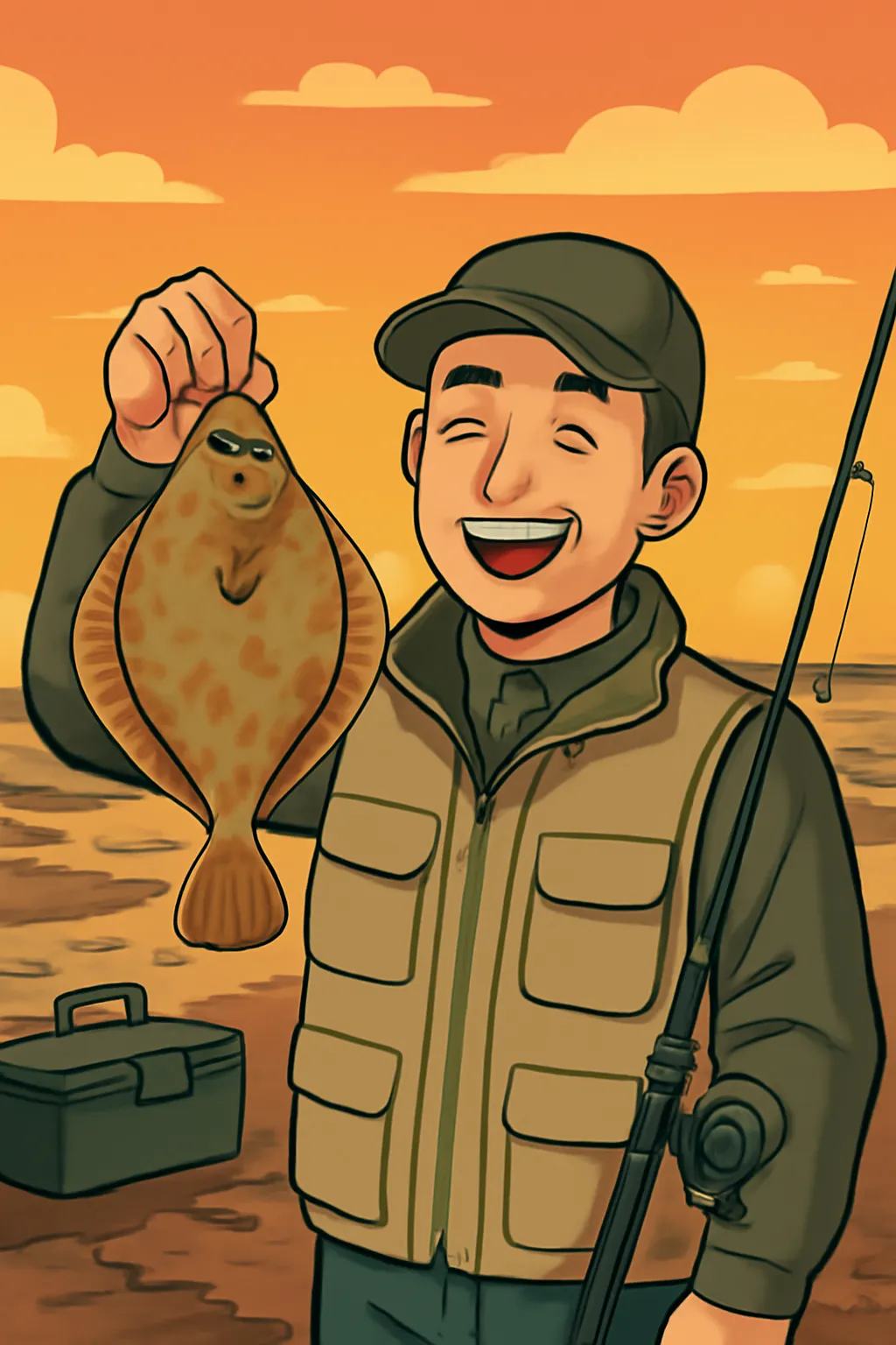 초보낚시꾼 문치가자미 해질녘갯벌 만화풍일러스트