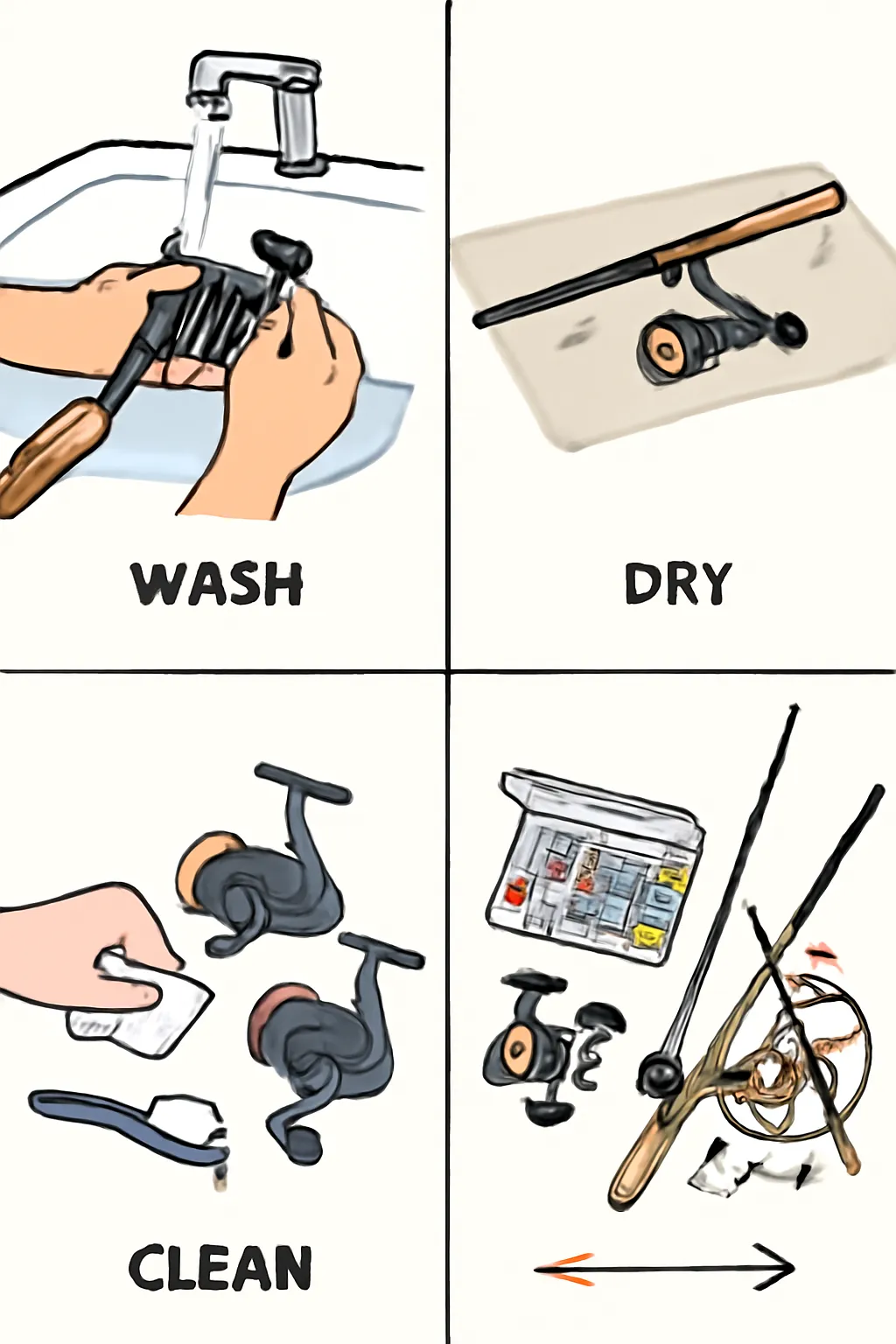 초보낚시장비관리 일러스트 4컷만화 세척 건조 분해