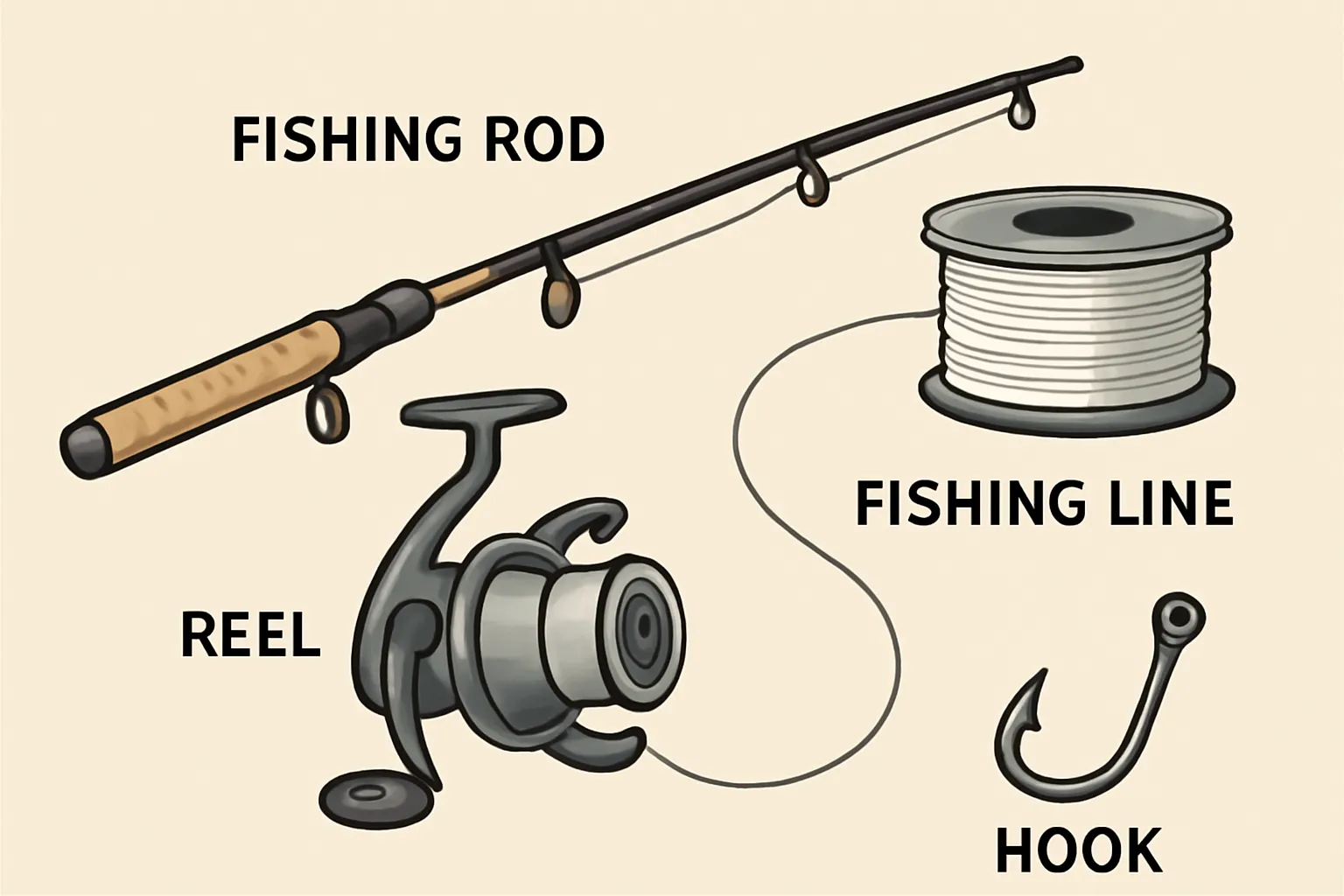 초보자 낚시장비 기본 구성 요소 낚시대 릴 낚싯줄 바늘 다이어그램