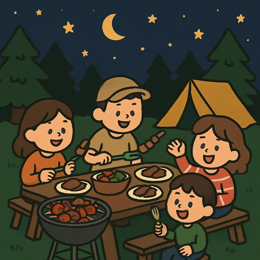캠핑장 바비큐 숯불그릴 텐트 2d캐릭터 일러스트 밤하늘