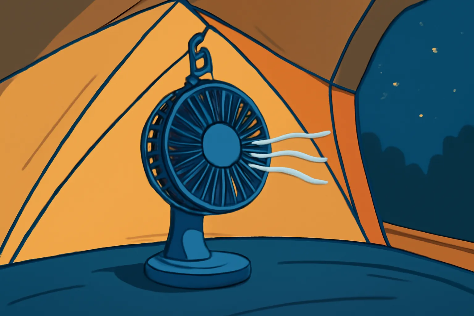 캠핑 텐트 내부 휴대용 미니 선풍기 밤 일러스트