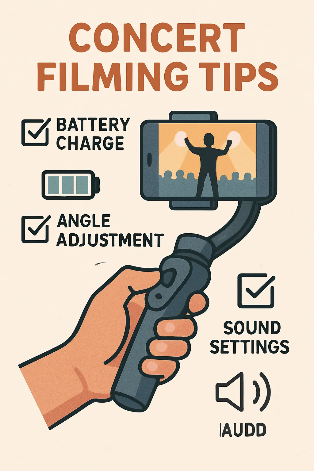 콘서트촬영팁 스마트폰짐벌 배터리충전 앵글조정 소리설정 다이어그램스타일 일러스트