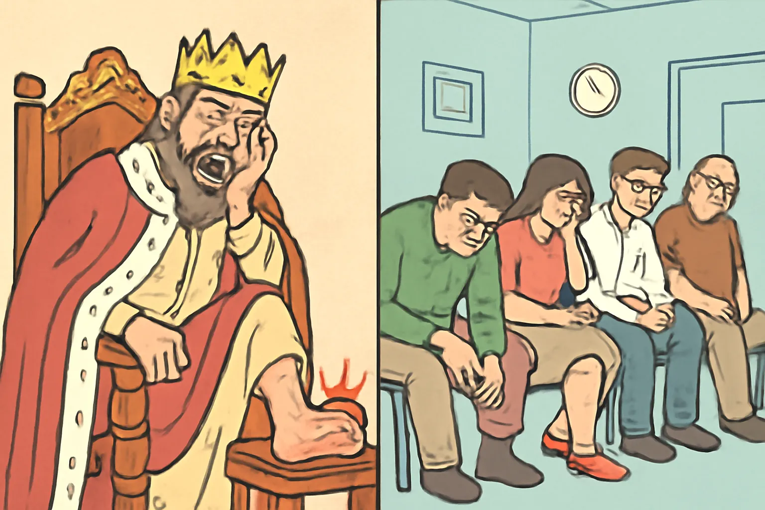 통풍증상 고전왕 현대인 병원대기실 붉은발 일러스트