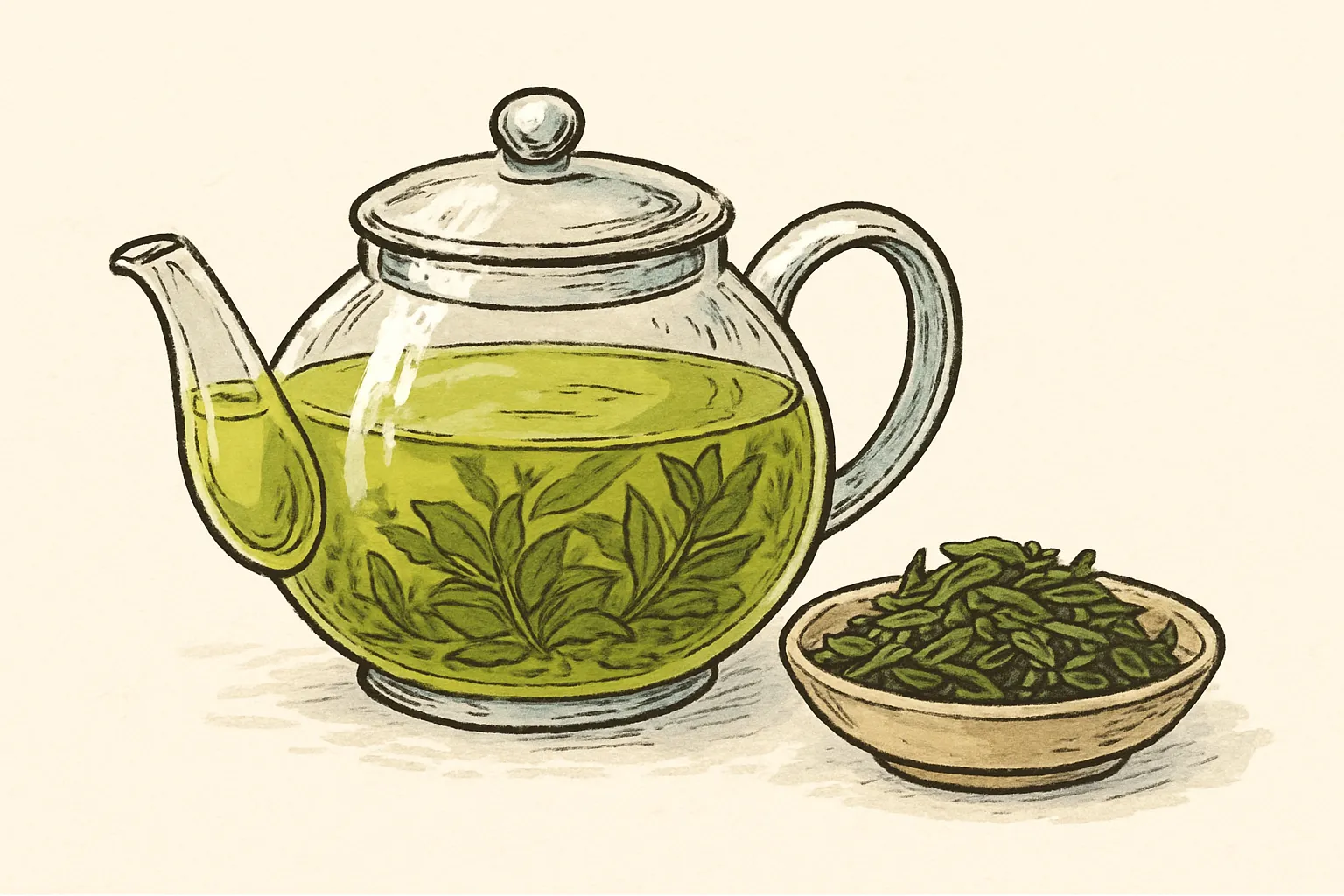 투명유리 티포트 녹차우리기 찻잎 일러스트