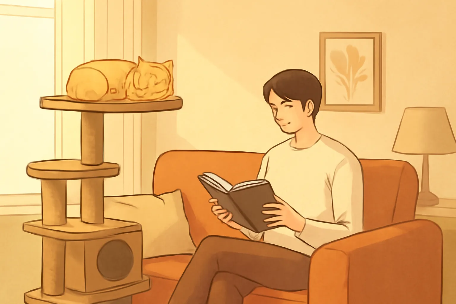 평화로운 거실 소파 캣타워 고양이 독서 일러스트