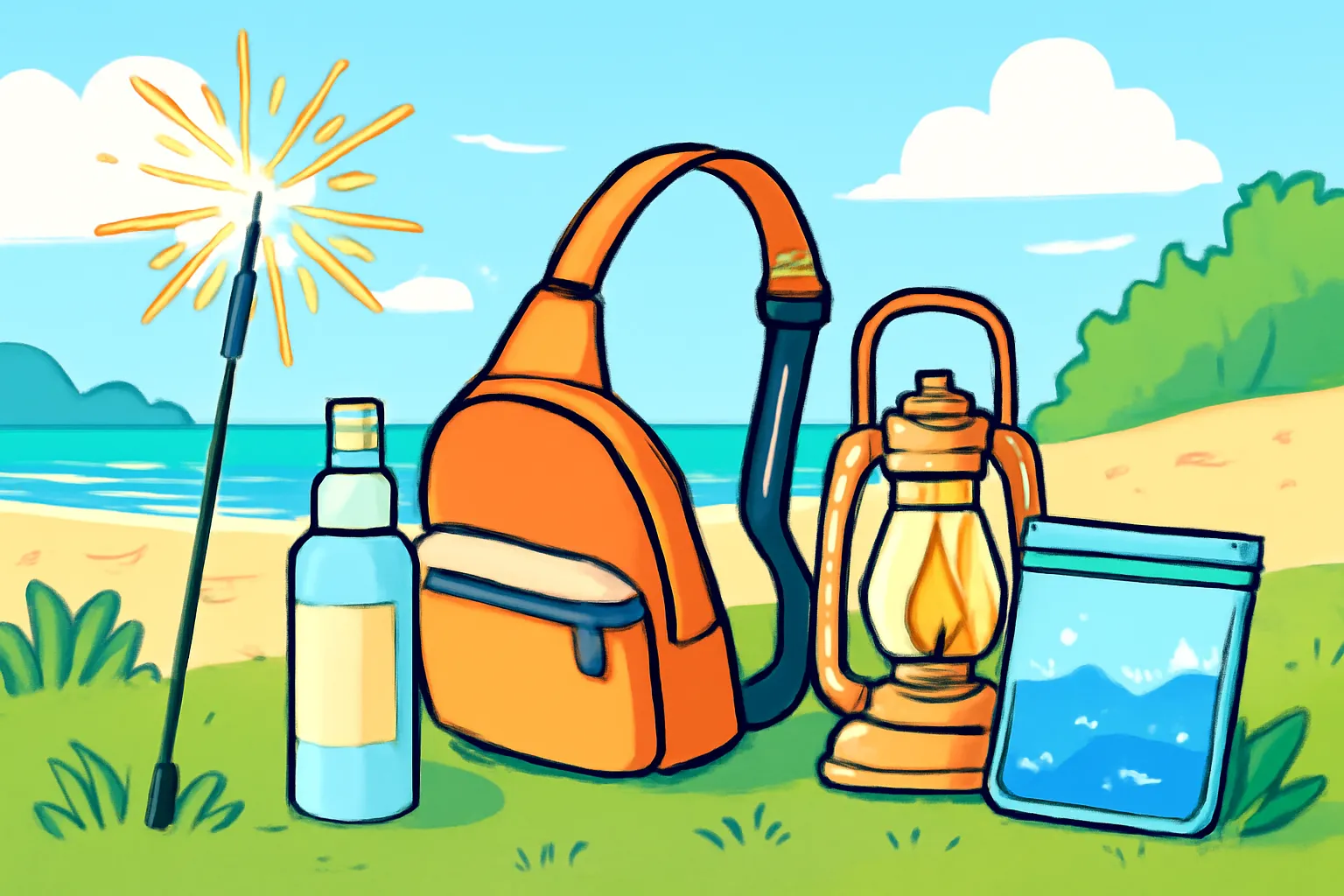여름 필수템 스파클러 피지연화제 캠핑랜턴 슬링백 방수파우치 일러스트